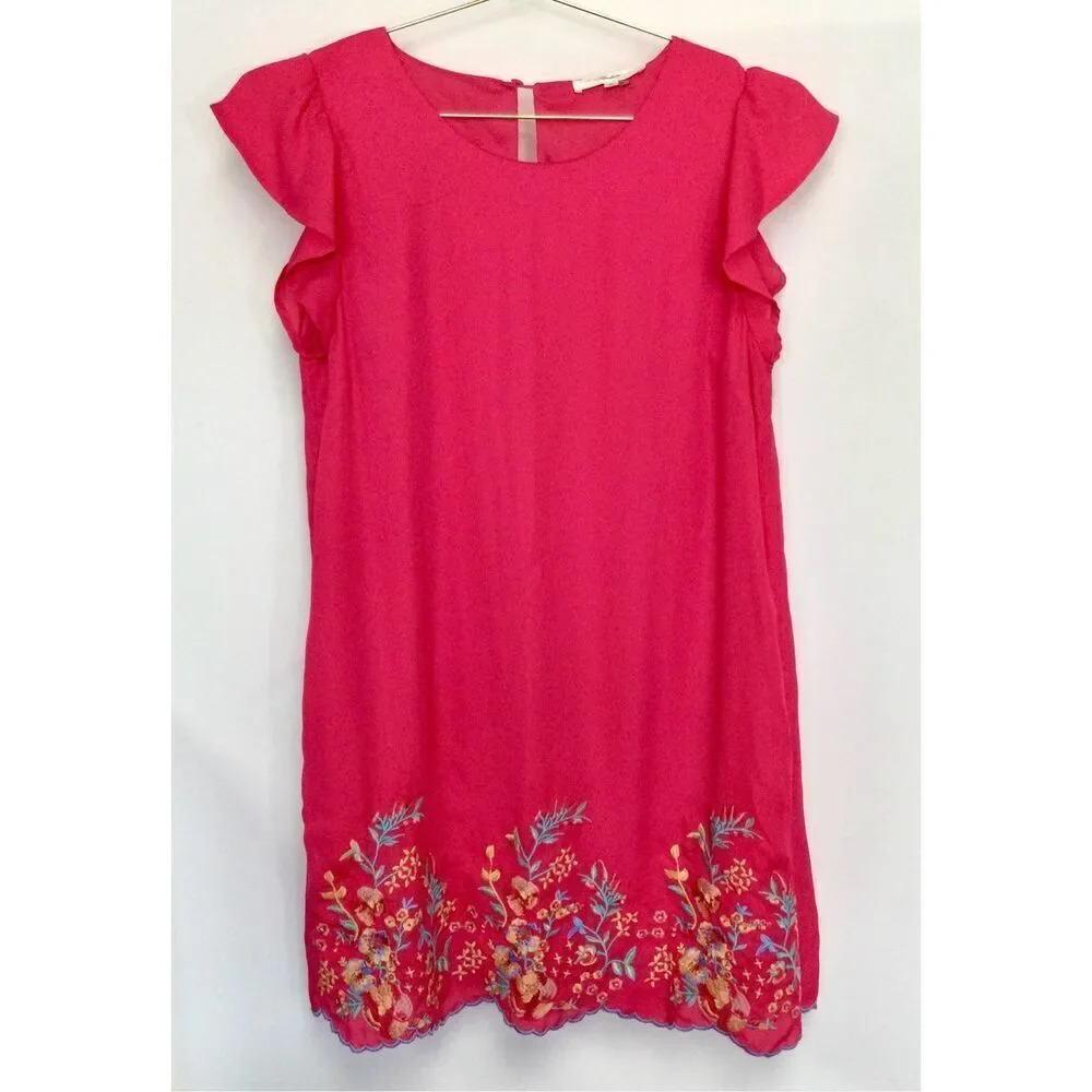Andree by Unit Womens Pink Floral Embroidered Flutter Sleeve‎ Shift Dress Small